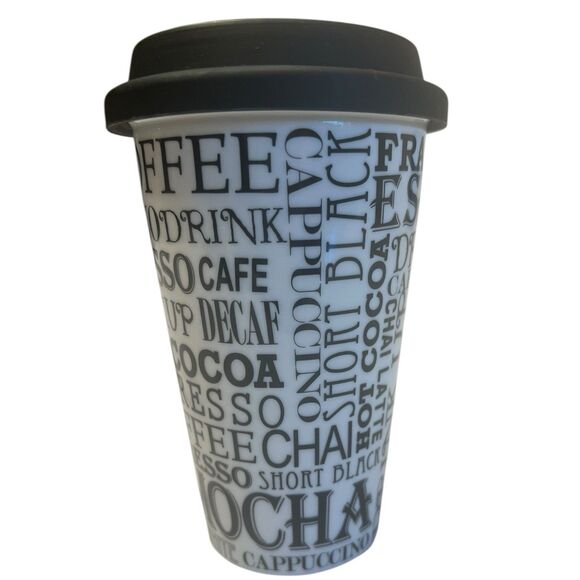 Ciroa Porcelain Travel Mug Coffee Typography Black White Silicone Lid Reusable - Picture 5 of 9